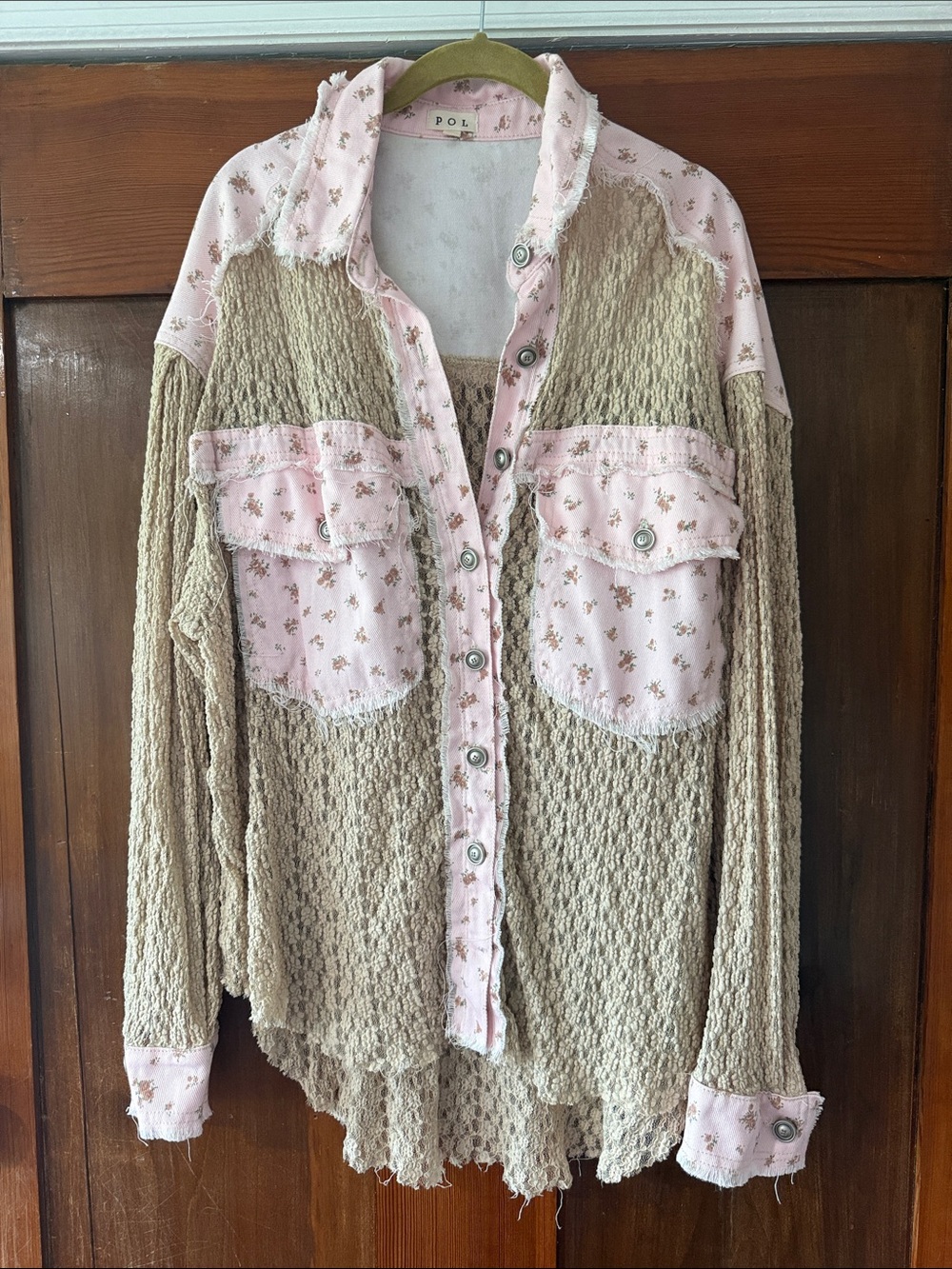 POL Beige Open-Knit Button Down with Pink Floral Accents